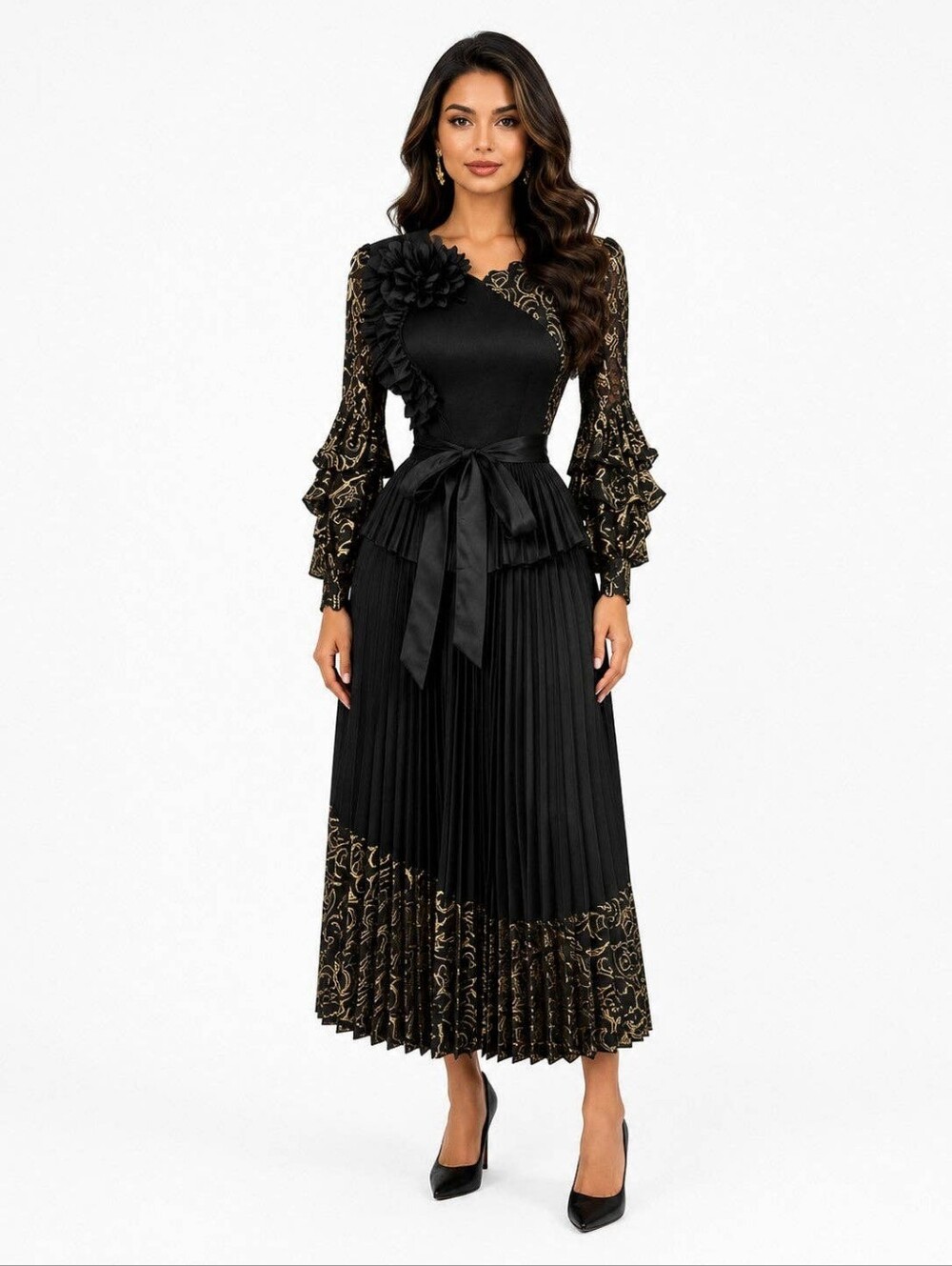 Elegant Black Pleated Floral Accent Midi Dress